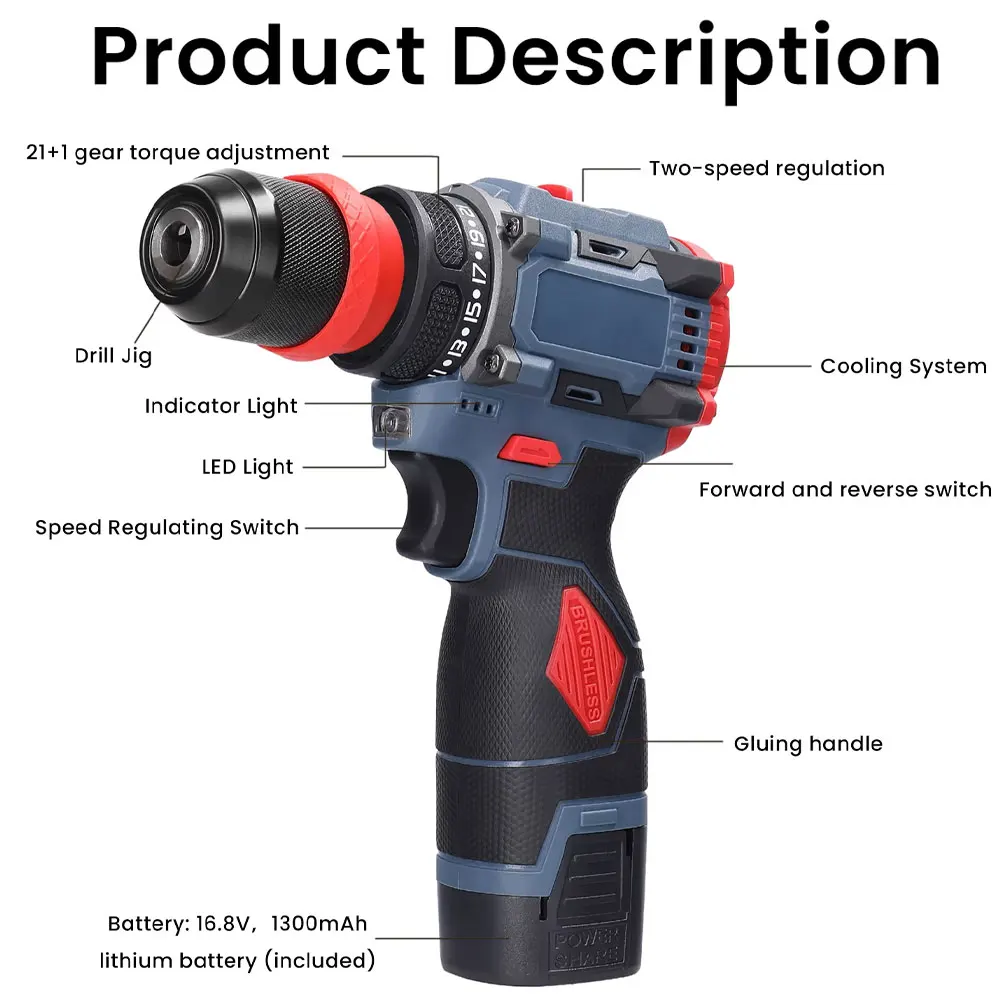 16.8V 2 In1 Drill Electric Screwdriver Multi-function Power Tool 45Nm Torque Brushless Motor Screw Driver Electronics Repairing