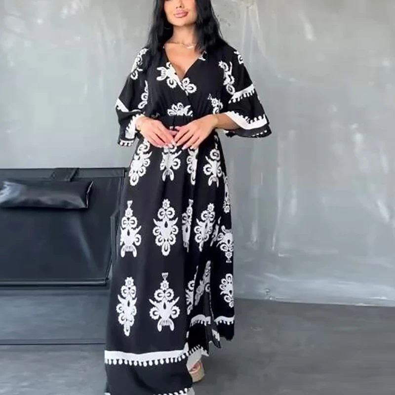 Vintage Dresses Woman Summer V Neck A-Line Long Dress Women Casual Printed Beach Holiday Dress Boho Party Dresses