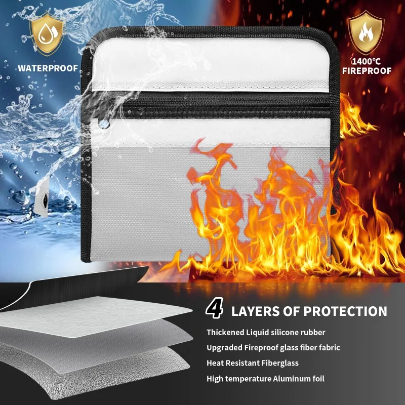 Fireproof Waterproof Document Pouch Zipper Closure Cash Earphone Storage Bag with Sticky Strip Home Organization Storage Bag