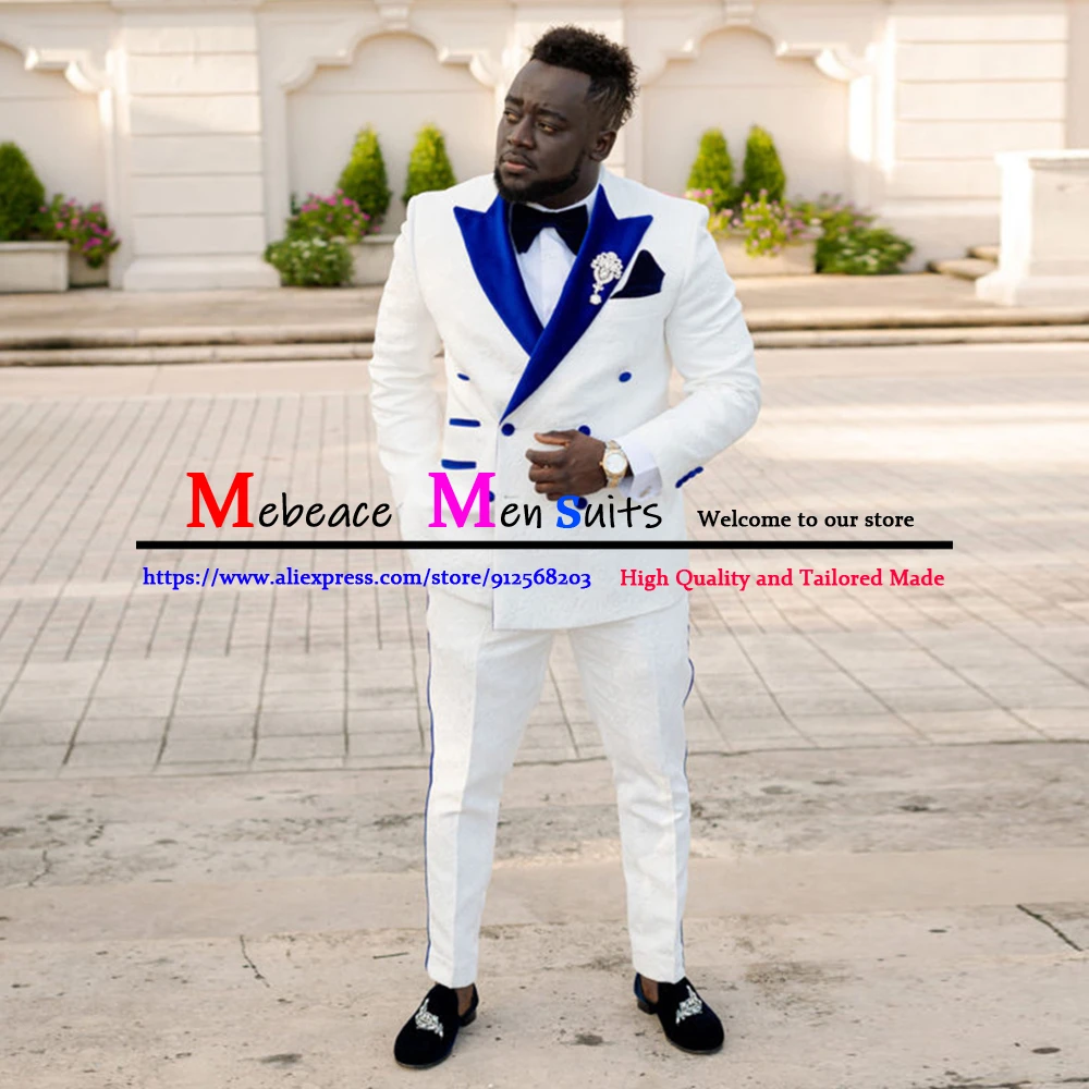 

Royal Blue Lapel Men Suit Set 3 Pieces (Jacket+Vest+Pants) White Jacquard Wedding Suits for Men Custom Made Groom Suits Tuxedos