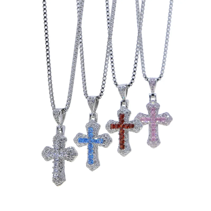 New Trendy Colorful Zircon Mini Cross Pendant Necklace Box Set Hypoallergenic Fade Resistant Hip Hop Jewelry Wholesale