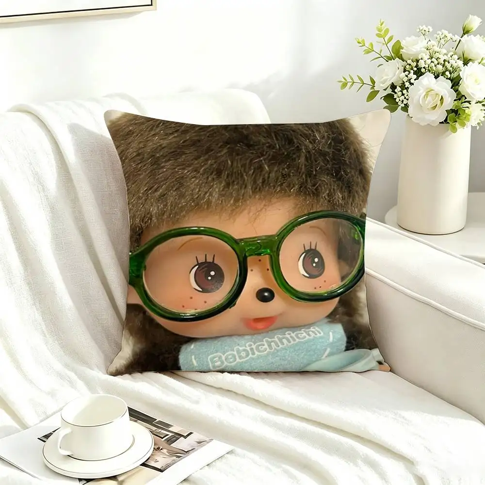 V-Vintage Pastel Monchhichi  Square Double-Sided printed Pillow Case Bedroom Bedside Pillow Sofa Cushion Cover