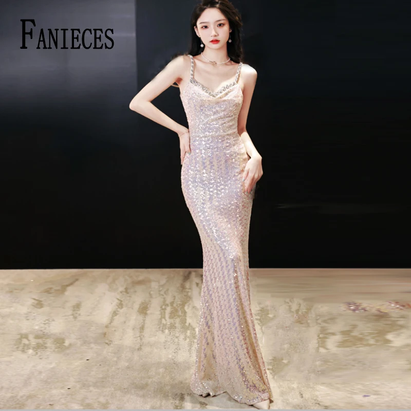 

FANIECES Sexy Backless Spaghetti Strap Shiny Sequin Evening Dress Elegant Prom Gown Long Mermaid Bodycon Sleeveless Party Dress