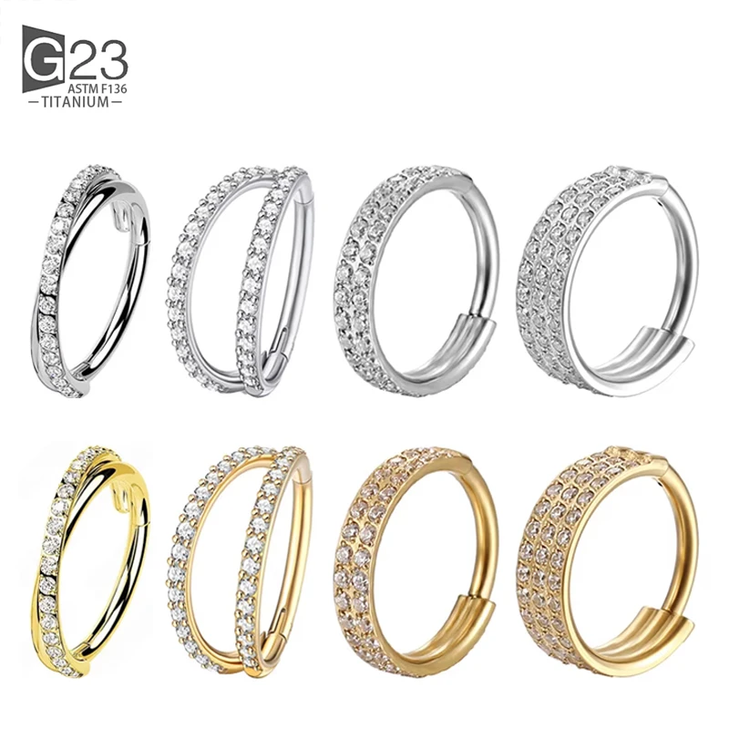 G23 Titanium Piercing Double Layered Triple Stack Hinged Zircon Nose Ring Helix Cartilage CZ Small Cartilage Septum Clicker