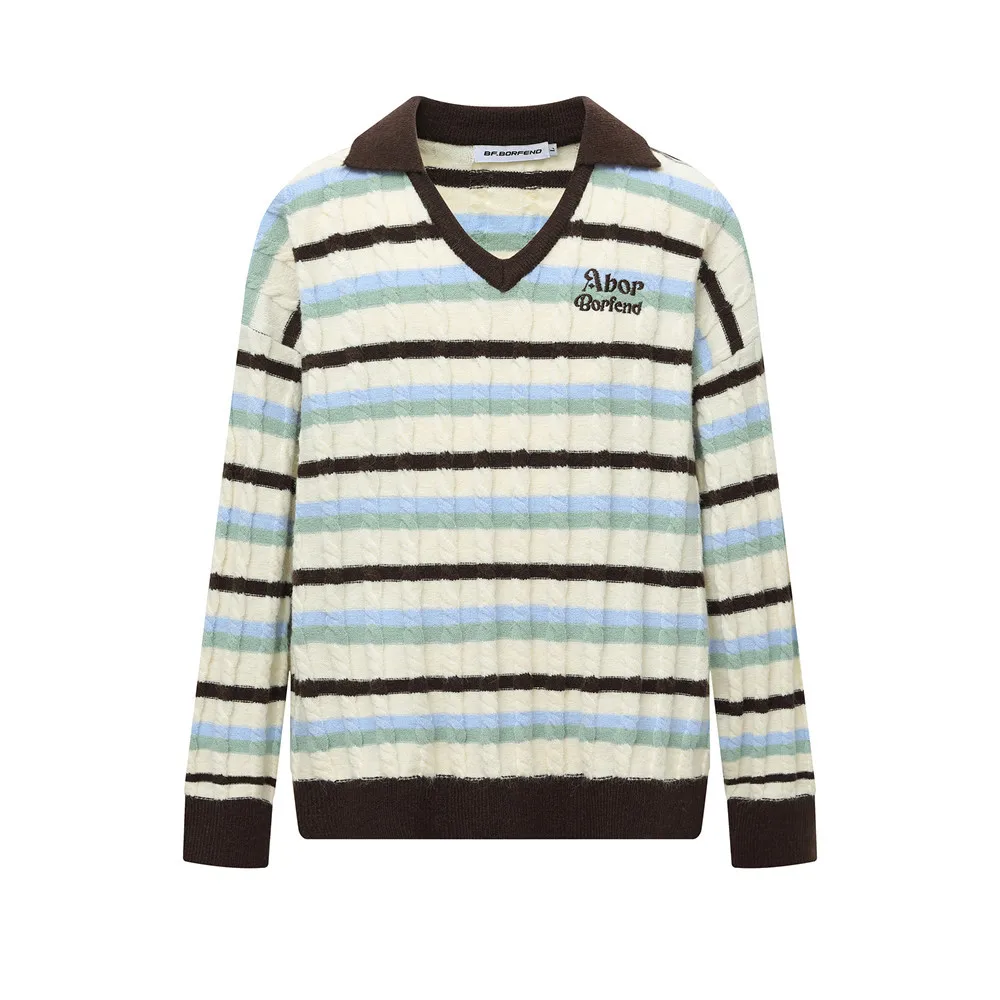 

Осень-зима, полосатый свитер с лацканами и длинными рукавами, повседневный свободный универсальный вязаный свитер с v-образным вырезом и воротником-поло для мужчин и женщин