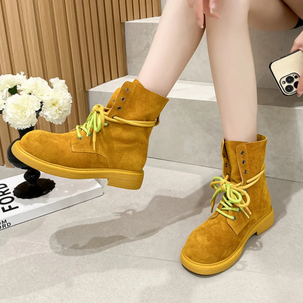 Boots for Women Cowhide Boots Women's 2026 European and American Style New Green Double Strap Motorcycle Boots Designer