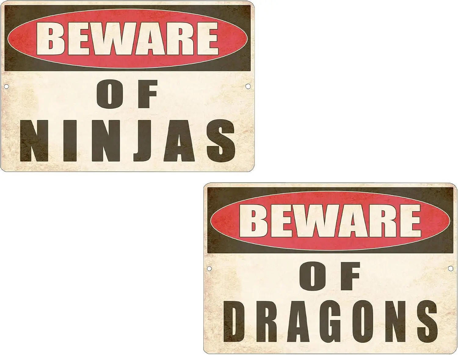 Rogue River Tactical Funny Sign Combo Beware Of Ninjas, Beware Of Dragons Sarcastic Metal Tin Sign Bundle, 12x8 Inch, Wall Décor