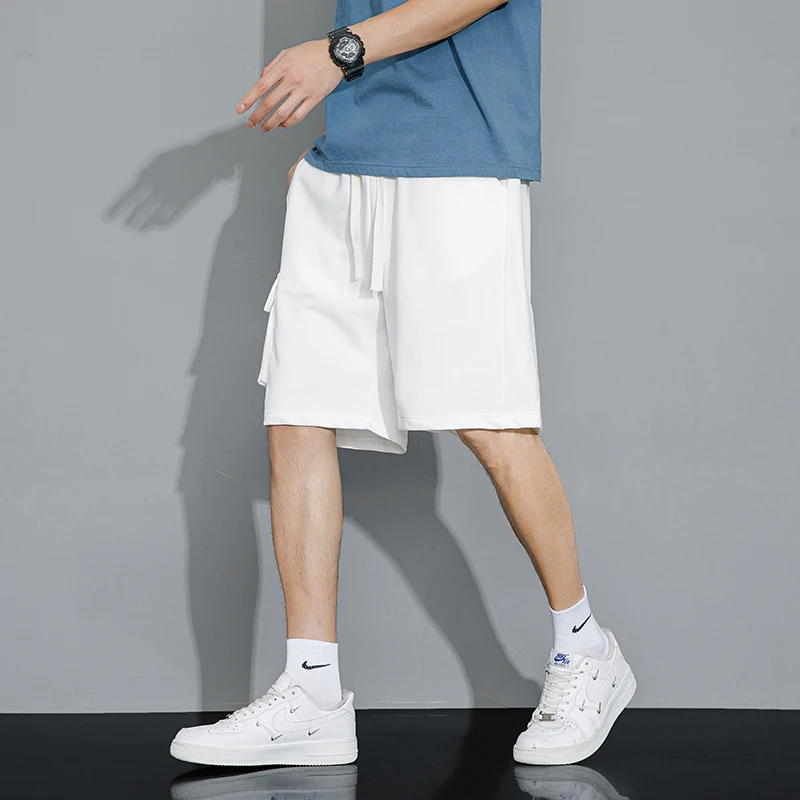 Stylish Safari Style Loose Knee Pants Men's Clothing Straight Summer Drawstring Basic Solid Color Pockets Spliced Casual Shorts