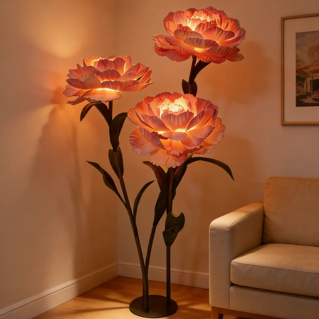 Contemporary Red ABS Flower Floor Lamp 200cm LED with Fabric Shade and Remote Control for Wedding Stage Events Banquet