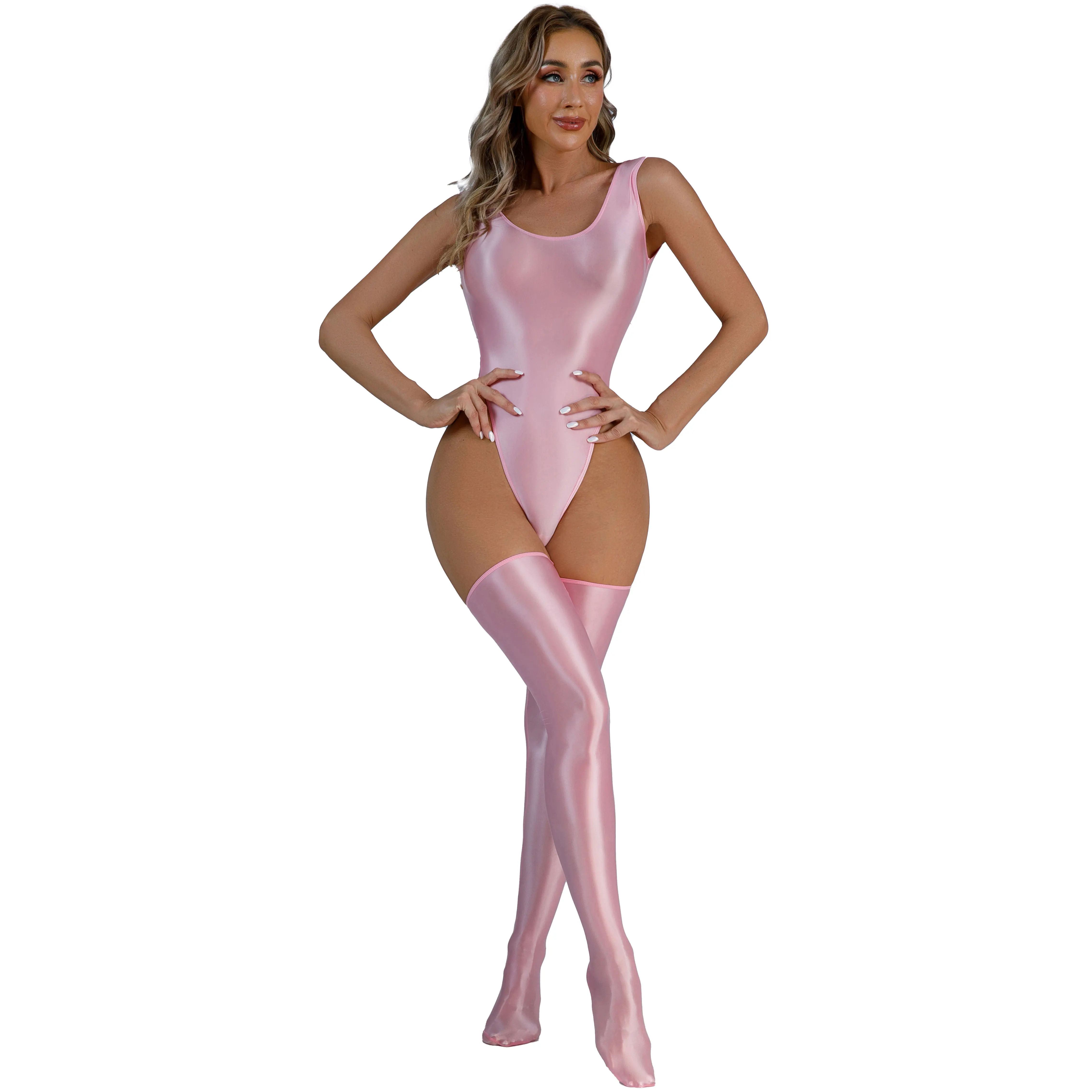 

Sexy Porn Body Lingerie Women Glossy Bodysuit with Thigh High Stockings High Cut Round Neck Backless Leotard Bodysuit Swimsuit