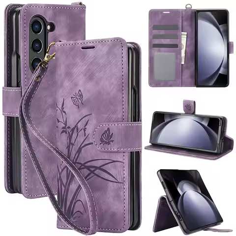 Magnetic Leather Wallet Case for Samsung Galaxy S24 Ultra S23 FE S22 Plus S21 S20 A53 A55 A54 A72 Flower Butterfly Cover Lanyard