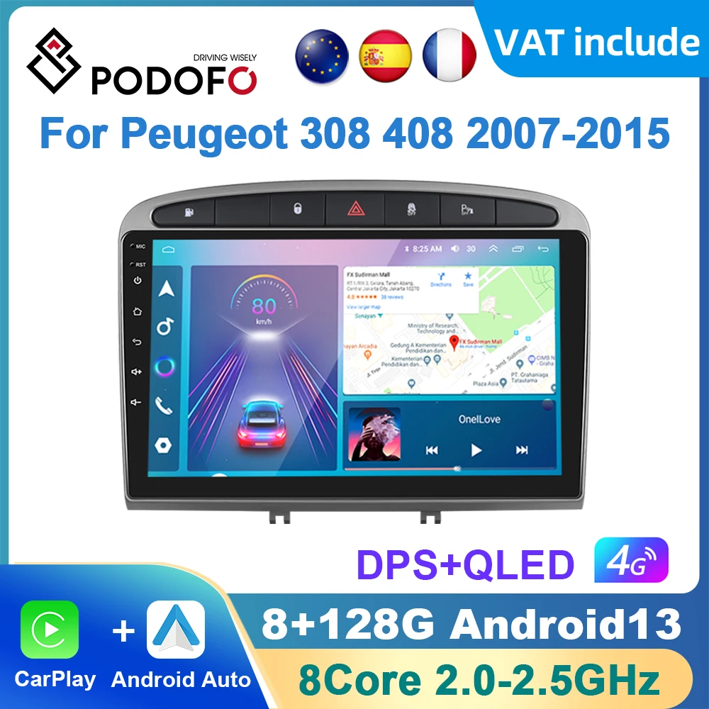 Podofo AI Voice Android Carplay Car Radio For Peugeot 308 408 2007-2015 Android Auto 4G Multimedia Player GPS Navigation RDS