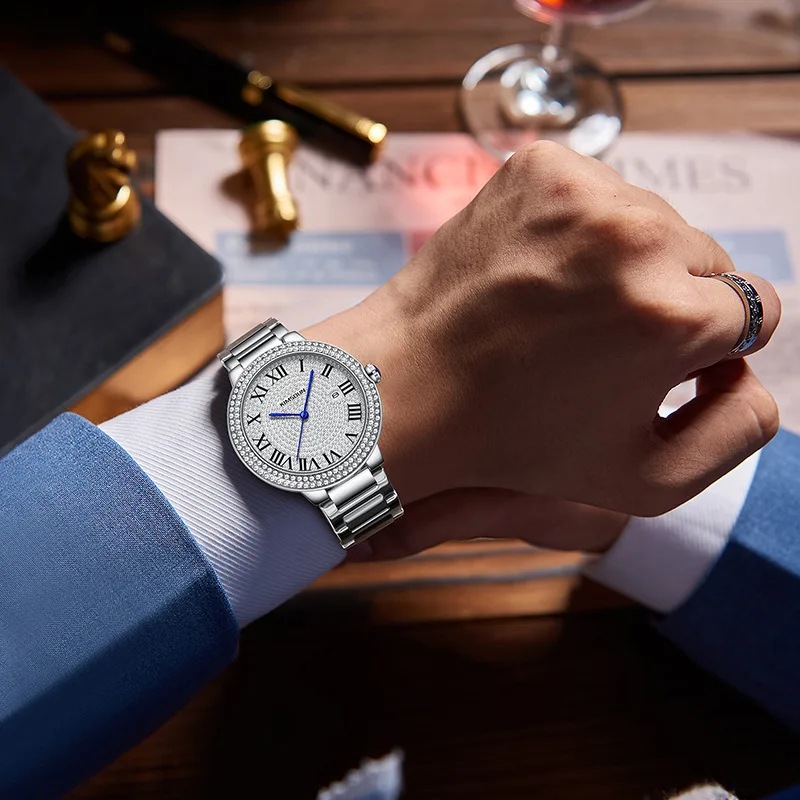 Luxury men's fashionable sparkling rhinestone watch with full diamond Roman numeral steel strap watch, featuring star shaped men