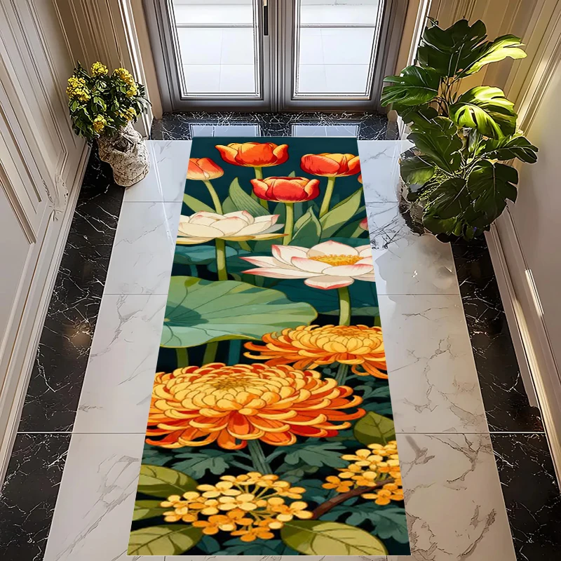 Runner Rug with Japanese Cherry Blossom Lotus Floral Print Non-Slip Hallway Mat Long Kitchen Carpet for Entryway Bathroom