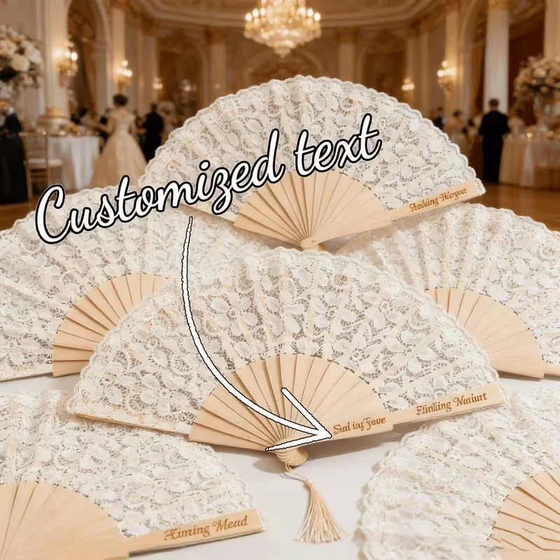 Customized Personalized Vintage Beige Lace Folding Fan with Small Tassels, with Custom Engraving, Wooden Hand Fan, Suitable for Wedding Guest Souvenirs, Bridal Party Gifts, Summer Cooling Accessories, Birthday Gifts, Formal Balls, and Summer Outdoor Activities, Personalized Anniversary Gift for Wife