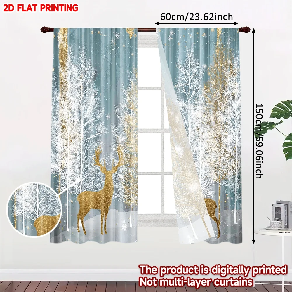 2D الطباعة المسطحة 2 قطعة ستائر الحفلات الثلج الذهب والأبيض الصنوبر الغزلان عيد الميلاد الرقمية المطبوعة البوليستر الستائر كل موسم #2