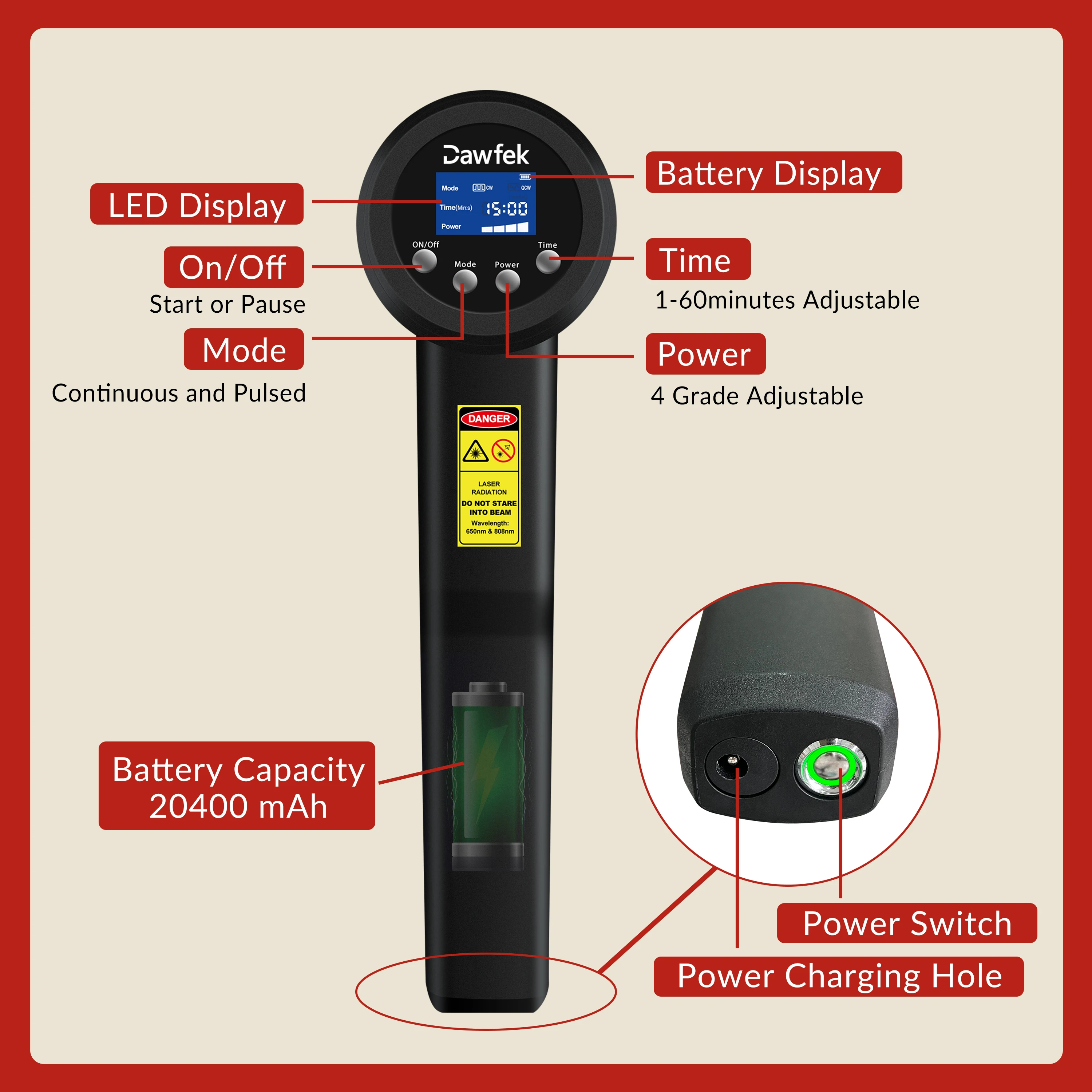 Dispositivo de terapia a laser frio Dawfek 10X808nm 15X650nm Melhor em casa Terapia de luz vermelha para alívio da dor humana no joelho 8W