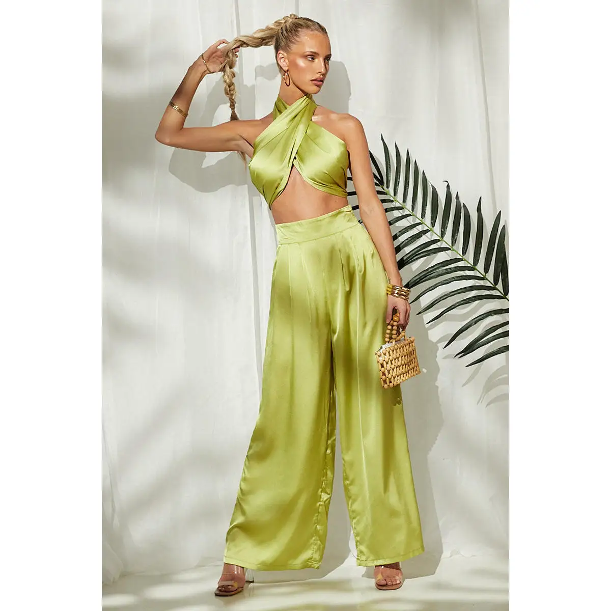 202 الصيف لون نقي التفاف الصدر Ne معلقة بنطال ذو قصة أرجل واسعة قطعتين مجموعة المرأة Faion Ensemble Ele حصيرة تصميم