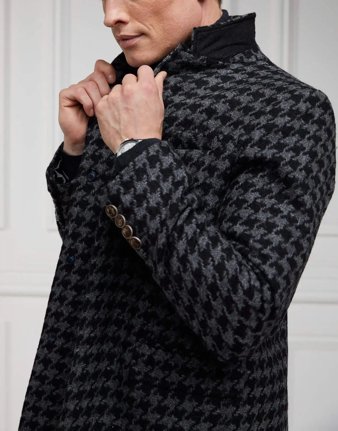 Houndstooth ผู้ชายยาวเสื้อขนสัตว์ผสม Notched Lapel Trench Coats เดี่ยว One Piece ชุดธุรกิจ Blazers ที่กําหนดเอง