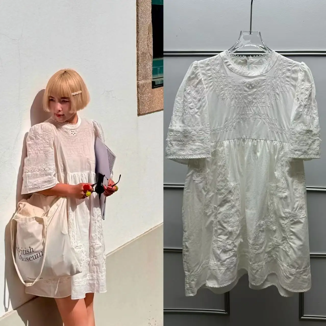 

Ретро-платье миди с вышивкой, кружевными вставками и вырезами, свободного кроя, из шелка и хлопка, с коротким рукавом и круглым вырезом, цельное.