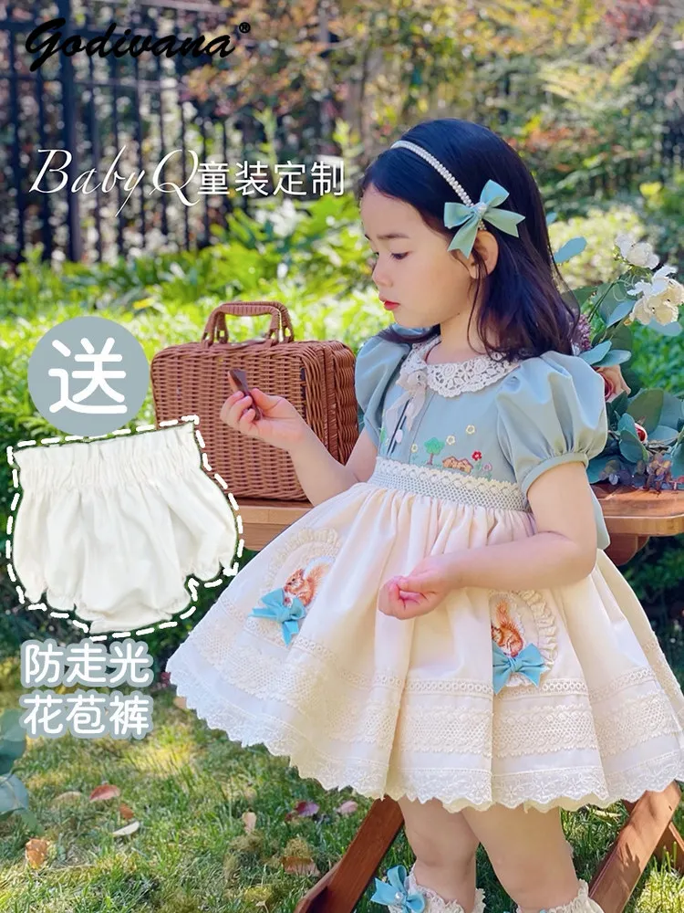 Cute Baby Girls Summer New Elegant Princess Dress Kids Doll Collar Lace Trim Puff Sleeve Cartoon Print High Waist Bow Ball Gown