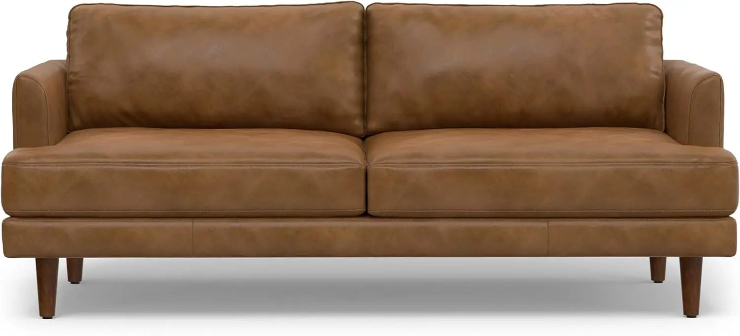 

SIMPLIHOME Livingston шириной 76-дюймовый диван из карамельно-коричневой натуральной кожи с верхним зерном, современный двухместный диван середины века ручной работы для
