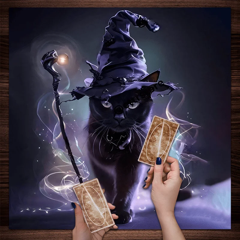 1 Piece Black Cat Witch Tarot Tablecloth Square Witchcraft Design with Purple and Gold Pentagram Broom and Tarot Symbols