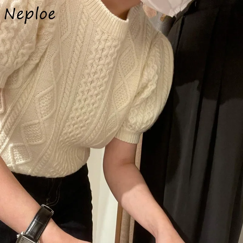 Neploe Retro Temperament Crewneck Sweaters Women Hemp Pattern Short Puff Sleeve Knit Crop Top Woman 2024 New Knitwear Pullover