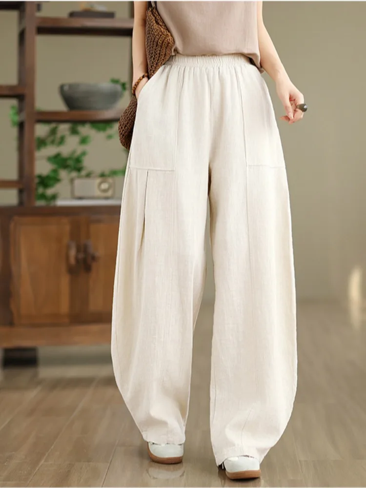 Pantalon lanterne rétro Zen en coton et lin pour femmes, ample, taille élastique, grande taille, pantalon d'entraînement Tai Chi, Long décontracté