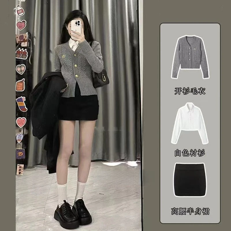 

2023 Autumn New College Style Three Pieces V-neck Sweater Embroidery American Retro Knit Cardigan Top + White Shirt + Sexy Skirt