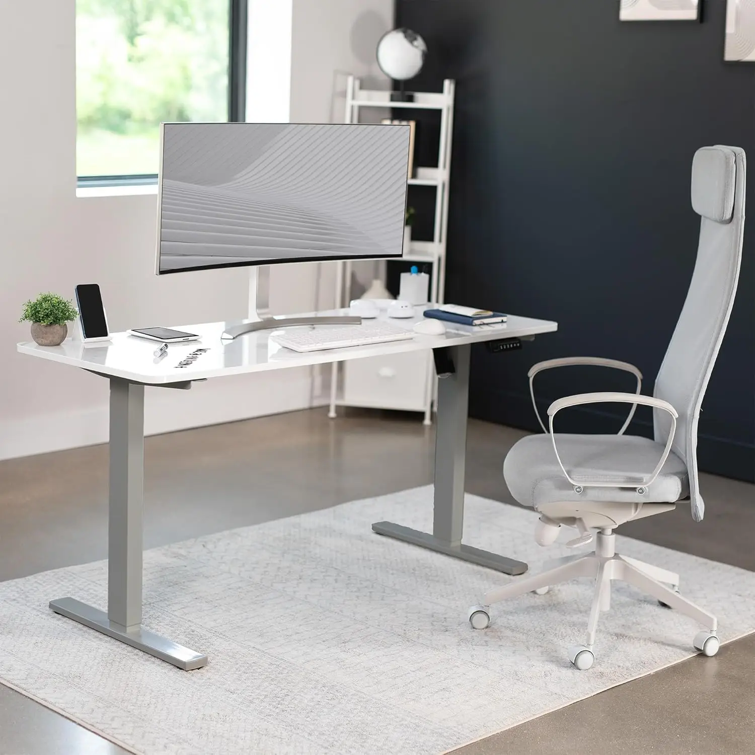 60 x 24 inch standing desktop workstation, memory controller height adjustment, white marble pattern top, gray frame