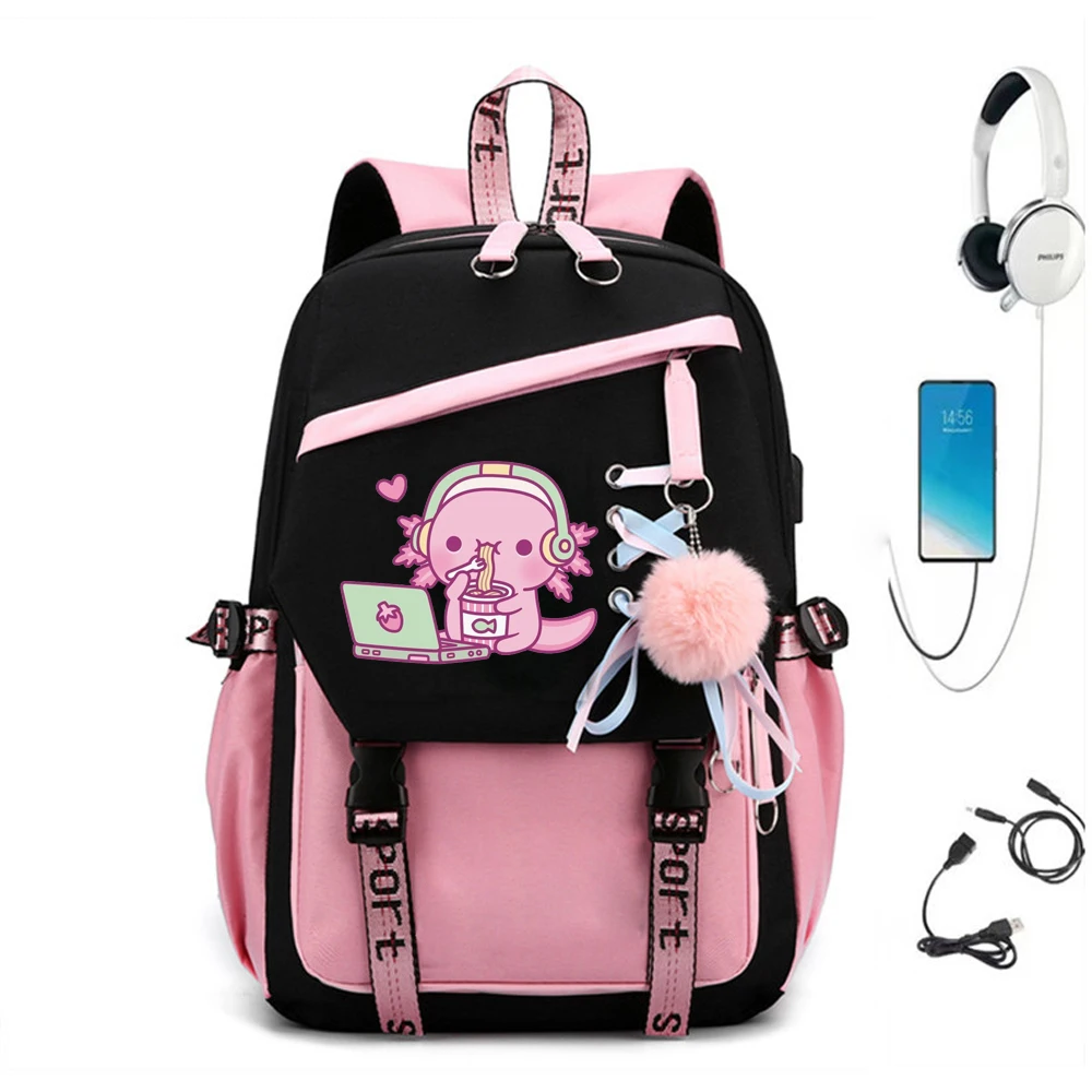 Nylon Backpack for Women Large Capacity Shoulder Bagpack Cute Axolotl Loves Instant Noodles Anime Girls School Bags Cartoon Bags