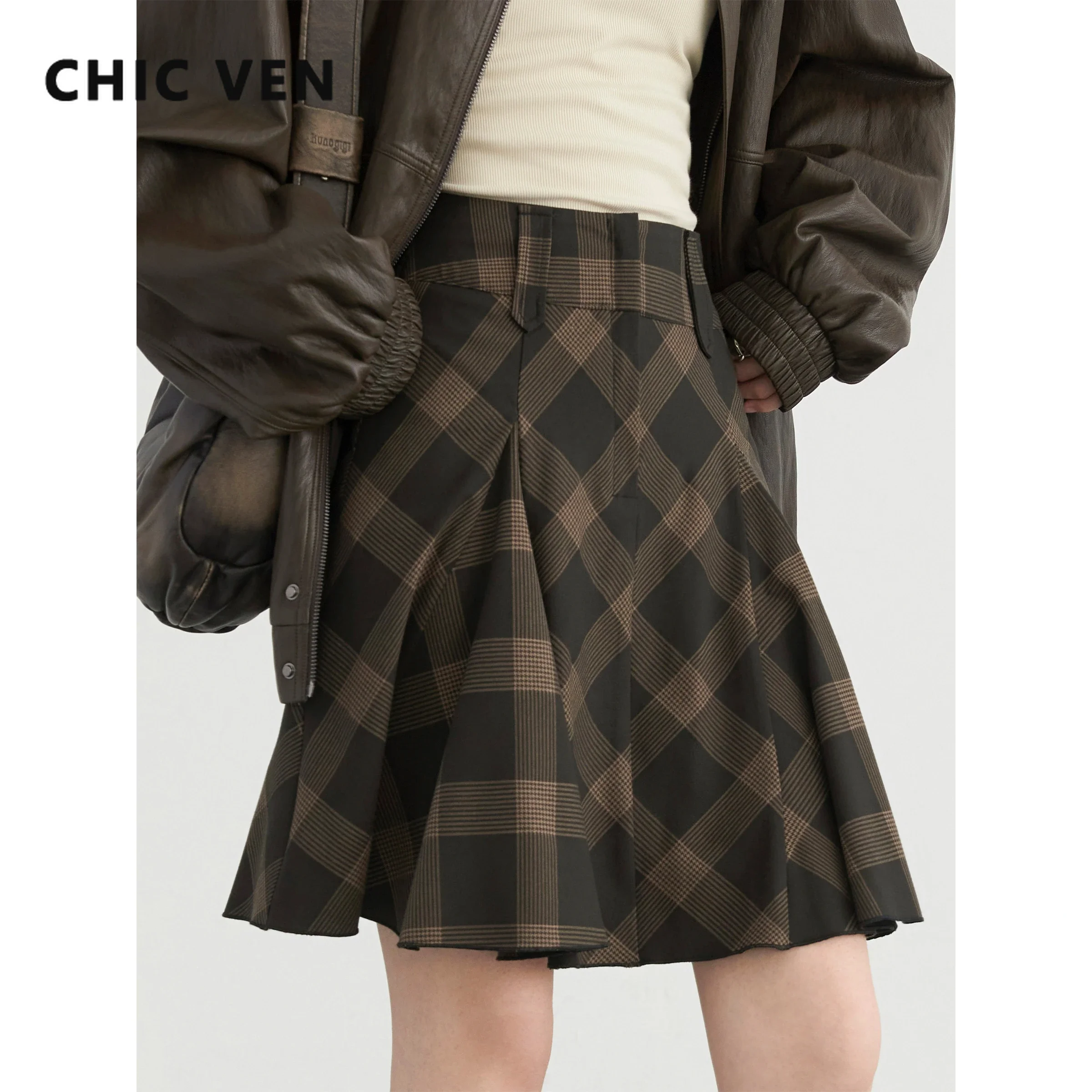 CHIC VEN Women\'s Skirts British College Style Loose Pleated Plaid Skirt A-line Short Female Skirt for Woman Spring Autumn 2024