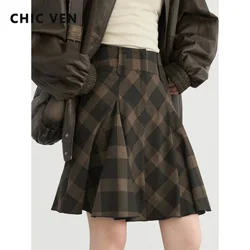 CHIC VEN Women's Skirts British College Style Loose Pleated Plaid Skirt A-line Short Female Skirt for Woman Spring Autumn 2024