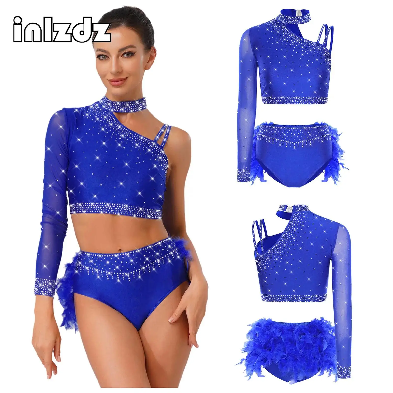 Women Latin Dance Outfit Belly Dance Chacha Tango Performance Set One Shoulder Long Sleeve Crop Top+Briefs 2-piece Dancewear Set