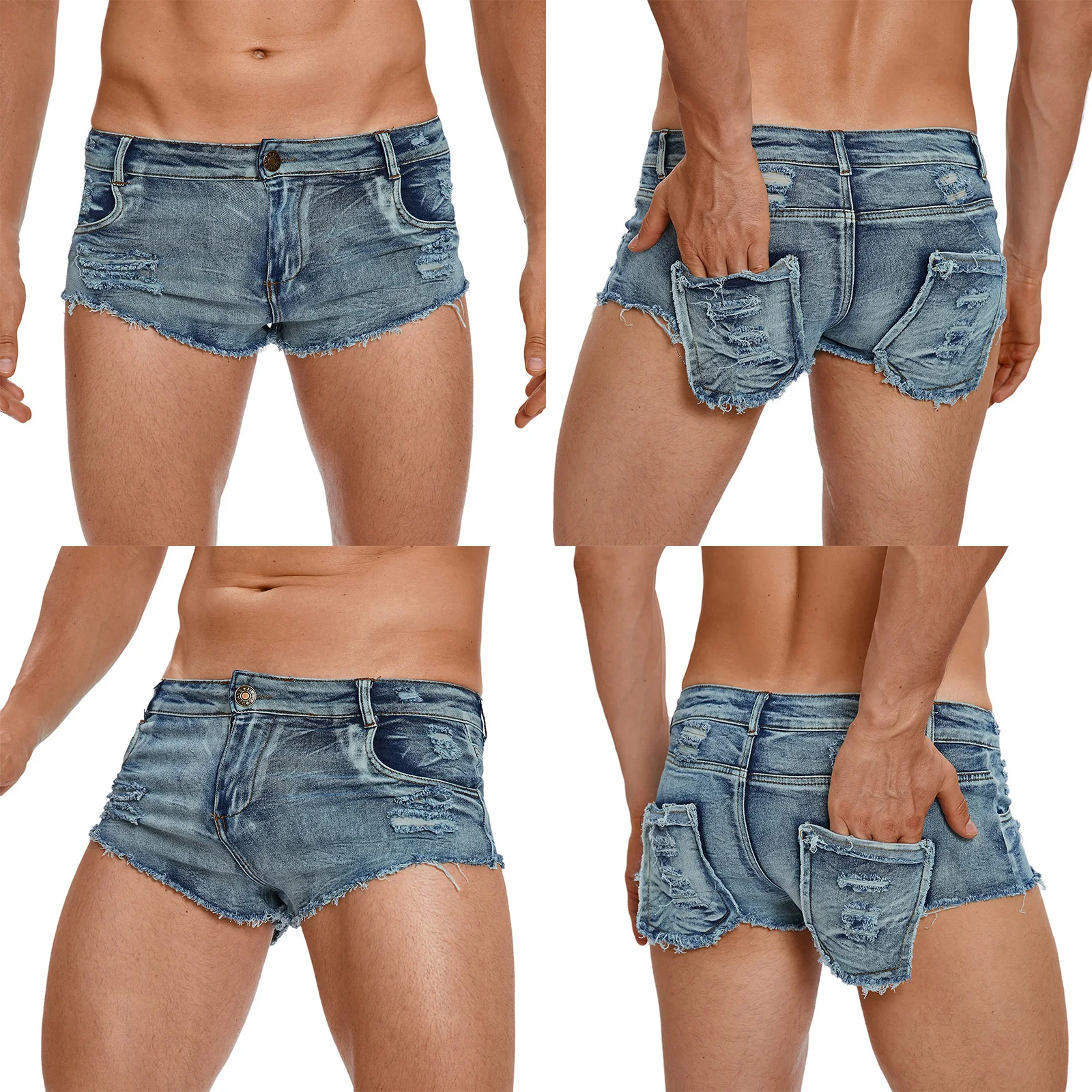 Mens Ripped Denim Hot Pants Shorts with Pockets Slim Fit Low Rise Raw Trim Distressed Jean Mini Shorts Rave Party Clubwear