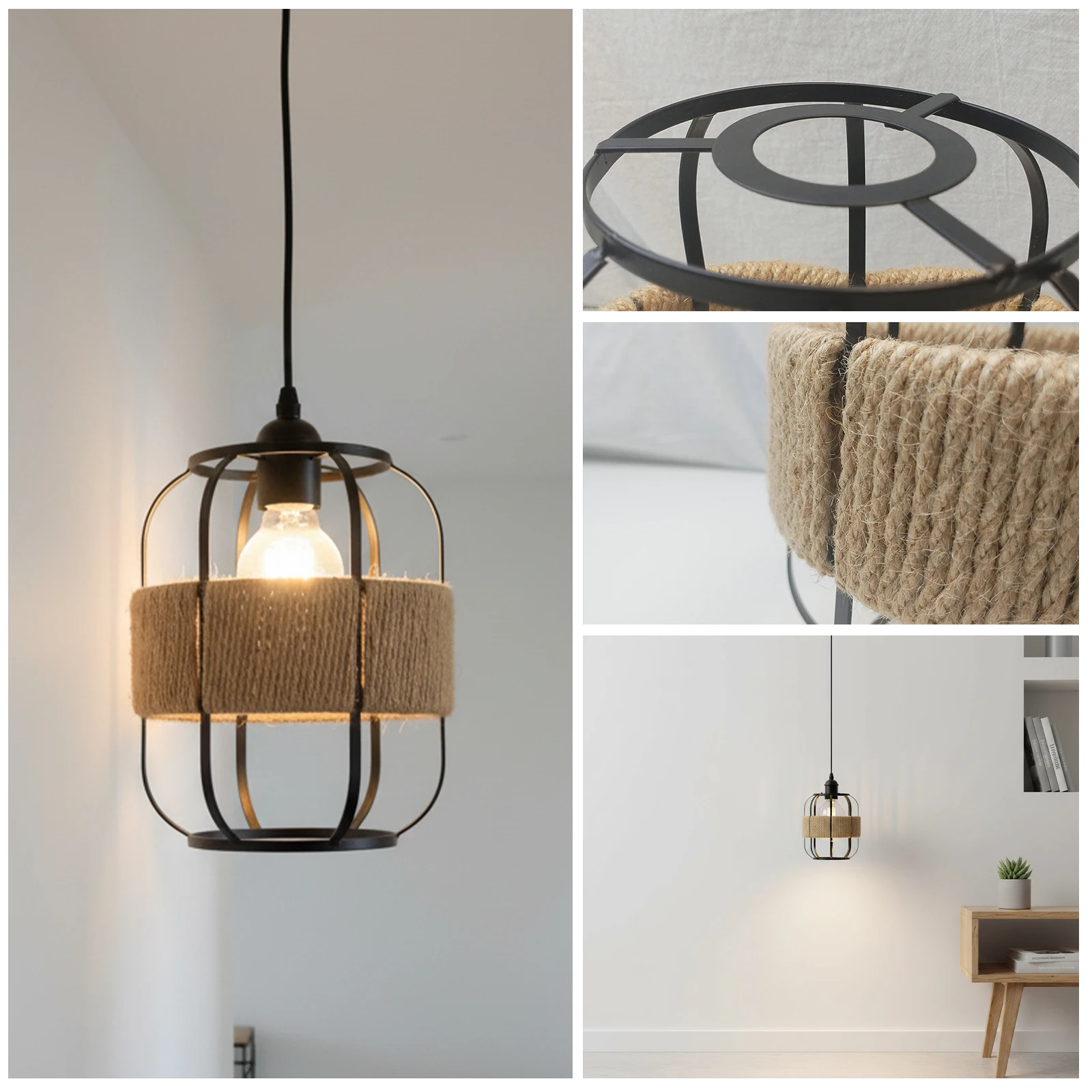Retro Farmhouse Cylindrical Black Metal Cage Lampshade Hand Woven Jute Rope Light Cover Pendant Chandelier Wall Fit