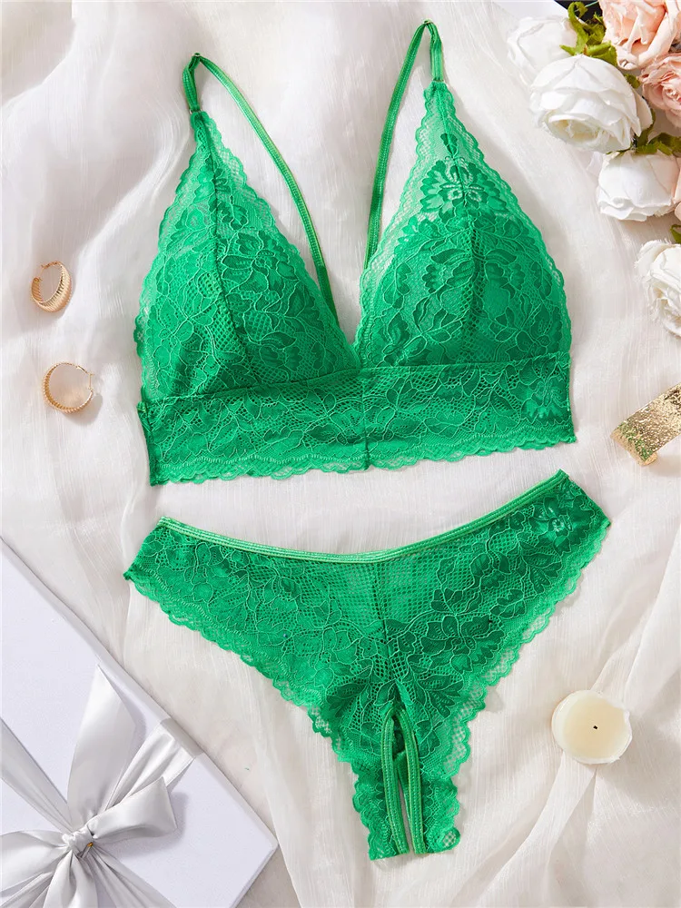 

Sexy Lingerie Sets Green Female Triangle Cup Wire Free Romantic Bra Brief Set Lace Hollow Out Underwear Solid Fashion Exotic Set