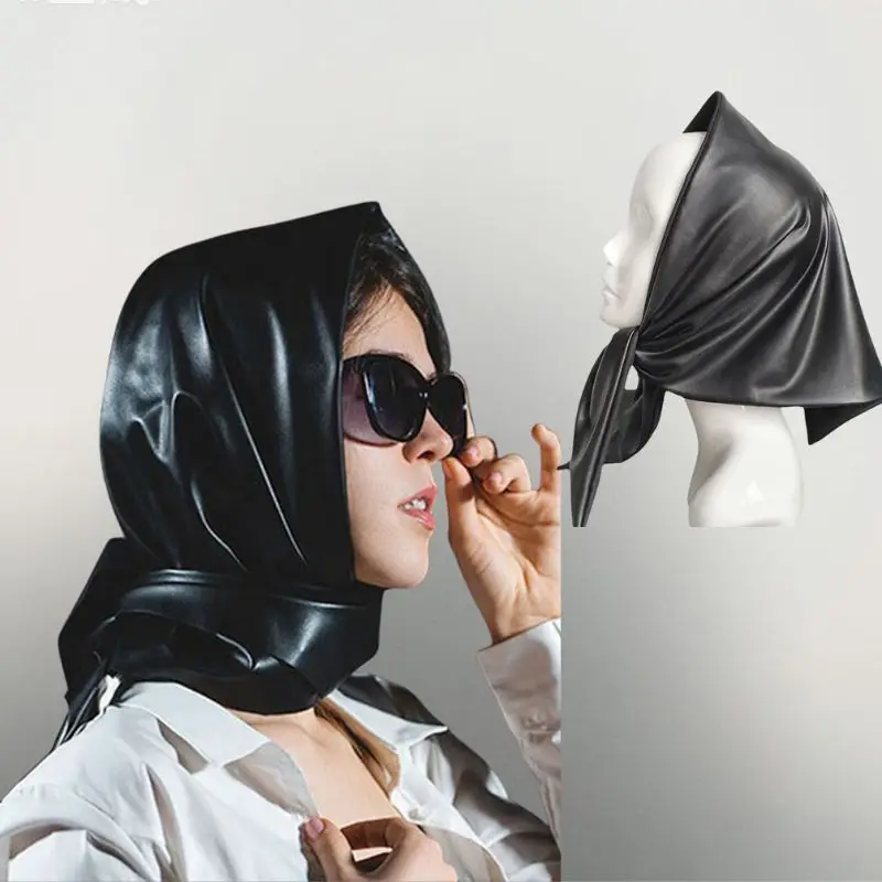 

Черный кожаный платок в стиле ретро Y2K Spicy Girls для женщин, зимние накидки, большие шарфы, банданы из искусственной кожи, треугольный шарф