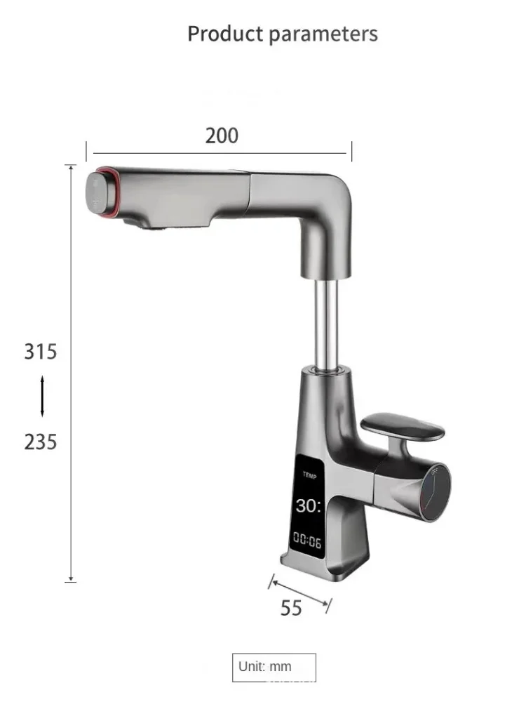 Bathroom Basin Faucet Brass Digital Display Watertall Tap Cold and Hot Water Lifting Pull Out Bathroom Sink Mixer kitchen faucet