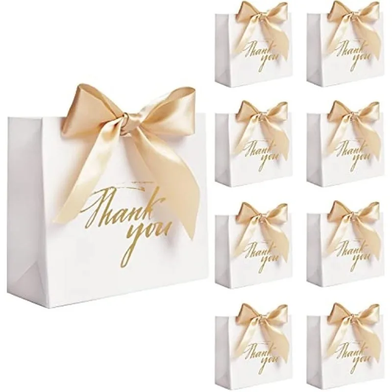 Small Thank You Gift Bag Party Favor Bags Treat Boxes with Golden Bow Ribbon for Wedding Baby Shower Business Party Supplies