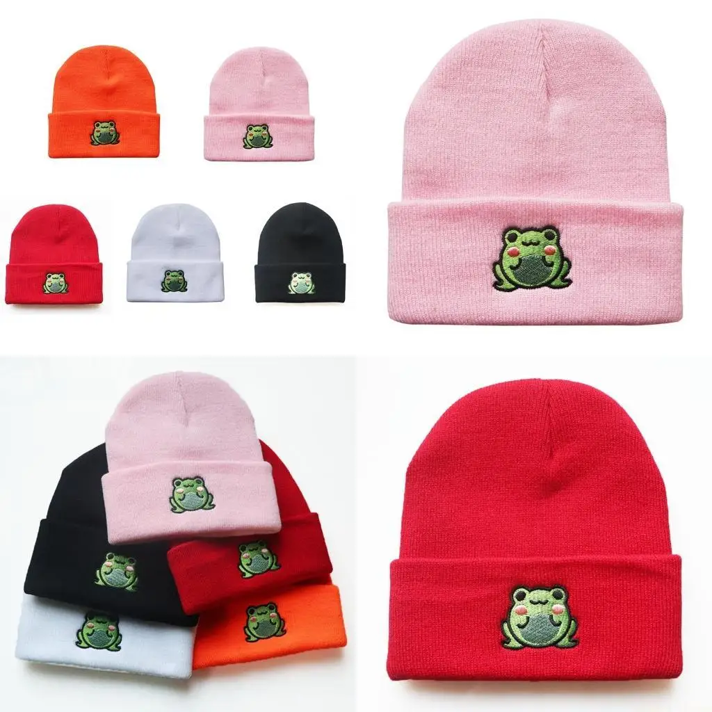 

31BF Повседневная простая вязаная шапка, модная шапка с загнутыми краями, милые шапки с вышивкой в ​​виде лягушки, вязаная Wom