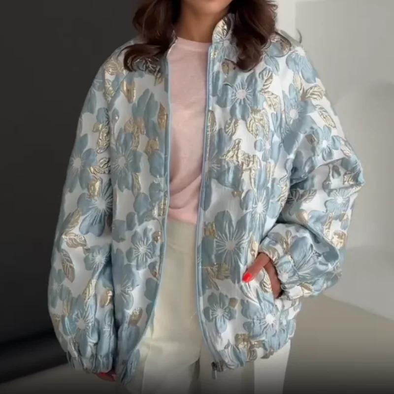 Women 3d Jacquard Floral Bomber Jacket Stand Collar Zip Up Gold Foil Embossed Flower Long Sleeve Loose Casual Outerwear Coat