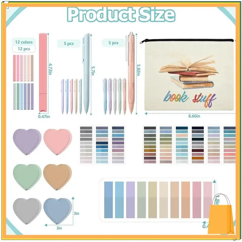 L52A-مجموعة الشرح، حقيبة مقلمة، 300 ملاحظة لاصقة شفافة، 2640 ملصق لاصق، 11 قلم حبر جل، 12 علامة تسليط الضوء على