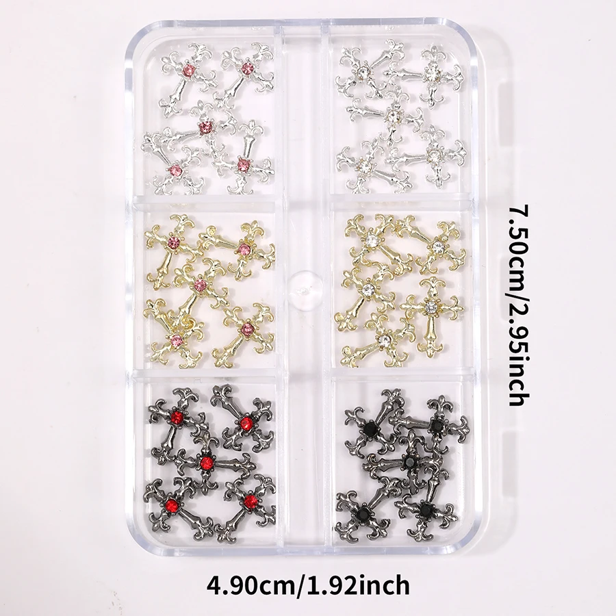 SANANIE 30Pcs Gothic Y2K Pink Red Stones Embedded Retro Alloy Nail Charm Punk 3D Metal Cross Style Manicure Jewelry Accessories