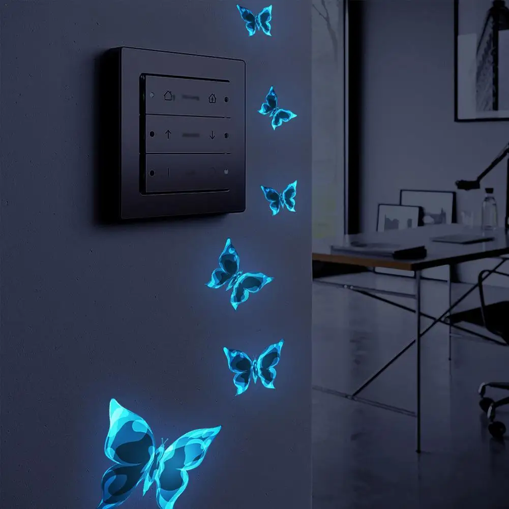 6Pcs Luminous Switch Stickers Glow In The Dark Butterfly Wall Sticker Kids Cartoon Home Decoration Panel Decals Blue Light