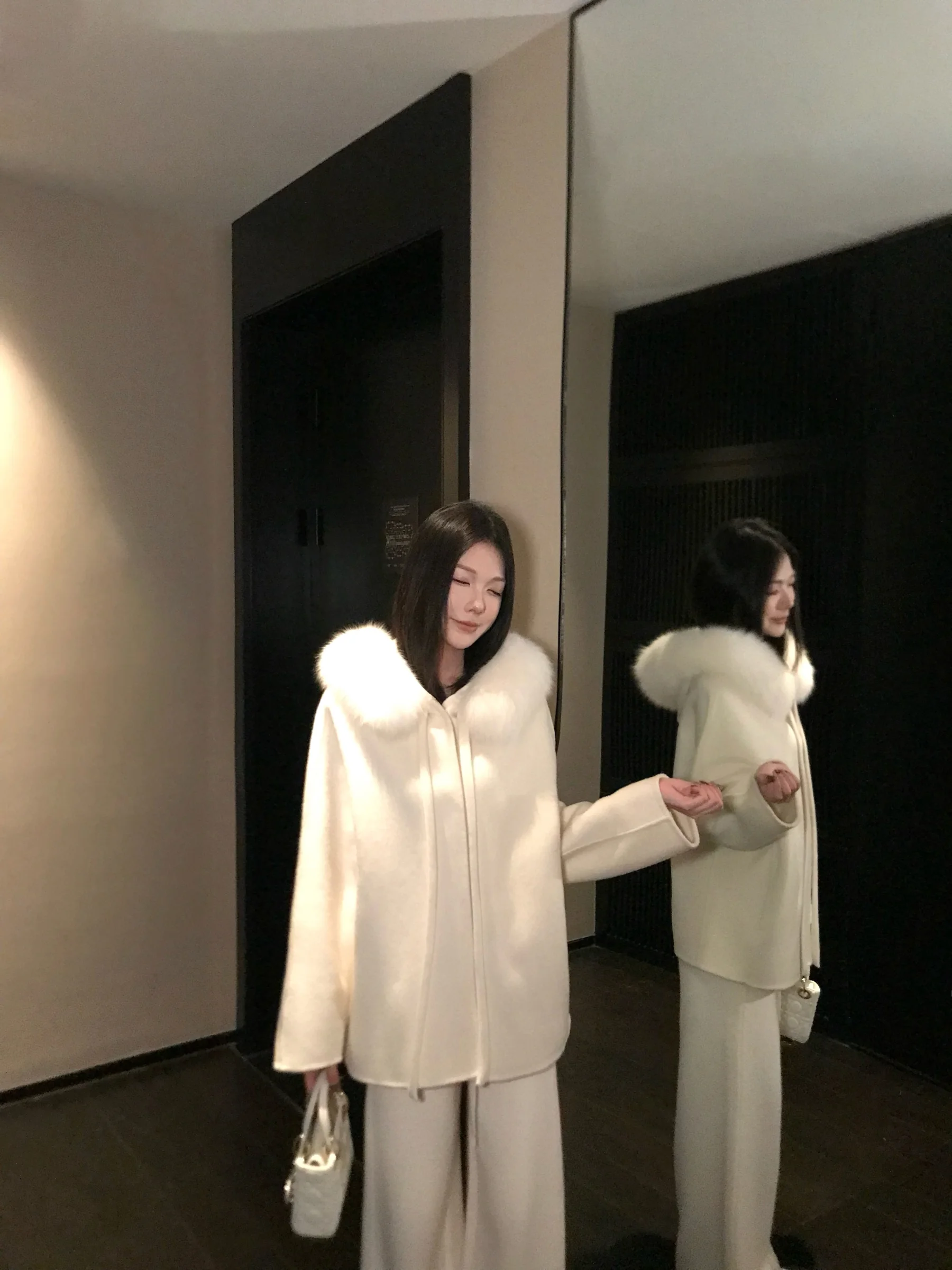 

5werkwen Double-Faced Woolen Coat with Real Collar High-Yarn Camere Snow Velvet Long Sve Women's Warmth-Bound Coat