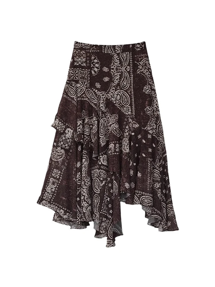 빈티지 페이즐리 프린트 미디 스커트 다용도 레트로 비대칭 A라인 여성 스커트 중간 허리 일상복 기타 소재