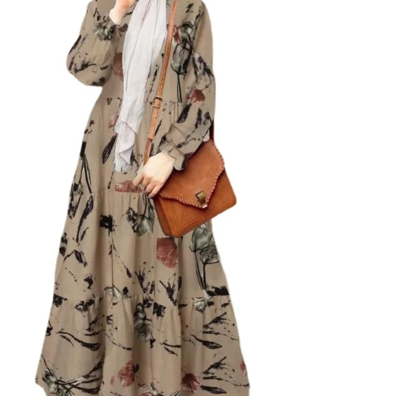 Spring/Summer 2023 Women's Muslim Long Dress Casual Ruffle Edge Long Cuffs Elastic Cuffs Retro Floral Print Long Dress