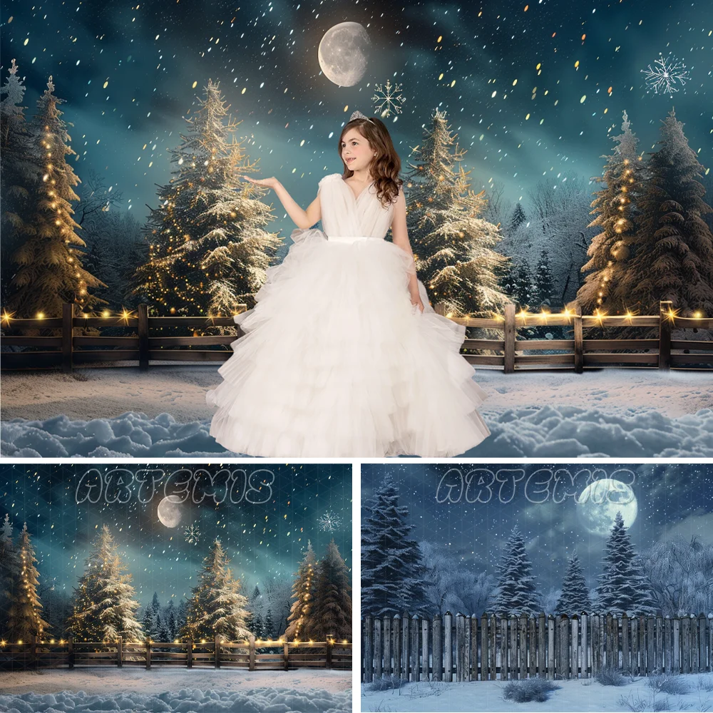 Winter Christmas Backdrop Lights Snow Night Sky Full Moonlight Star Christmas Tree Forest Background Photo Studio Photo-call